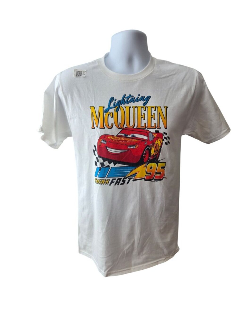 Disney Pixar Cars Lightning McQueen 95 Think Fast T Shirt Small White Racing Y2K